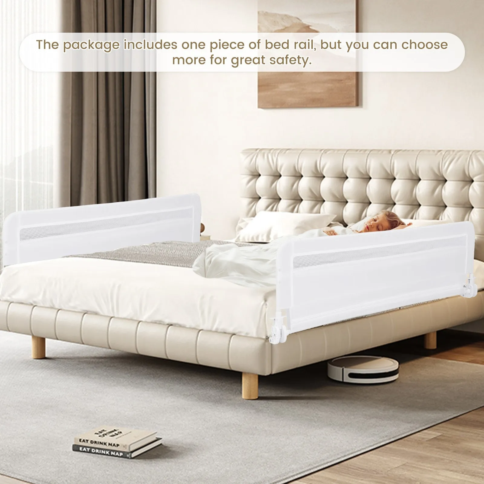 100 CM/120 CM Foldable Baby Bed Rail with Removable Washable Cover and Safety Strap-White-120 cm