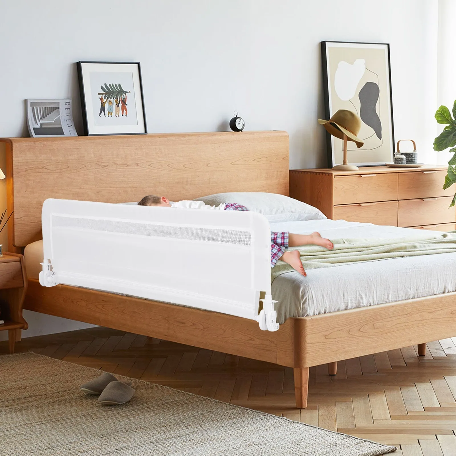 100 CM/120 CM Foldable Baby Bed Rail with Removable Washable Cover and Safety Strap-White-120 cm