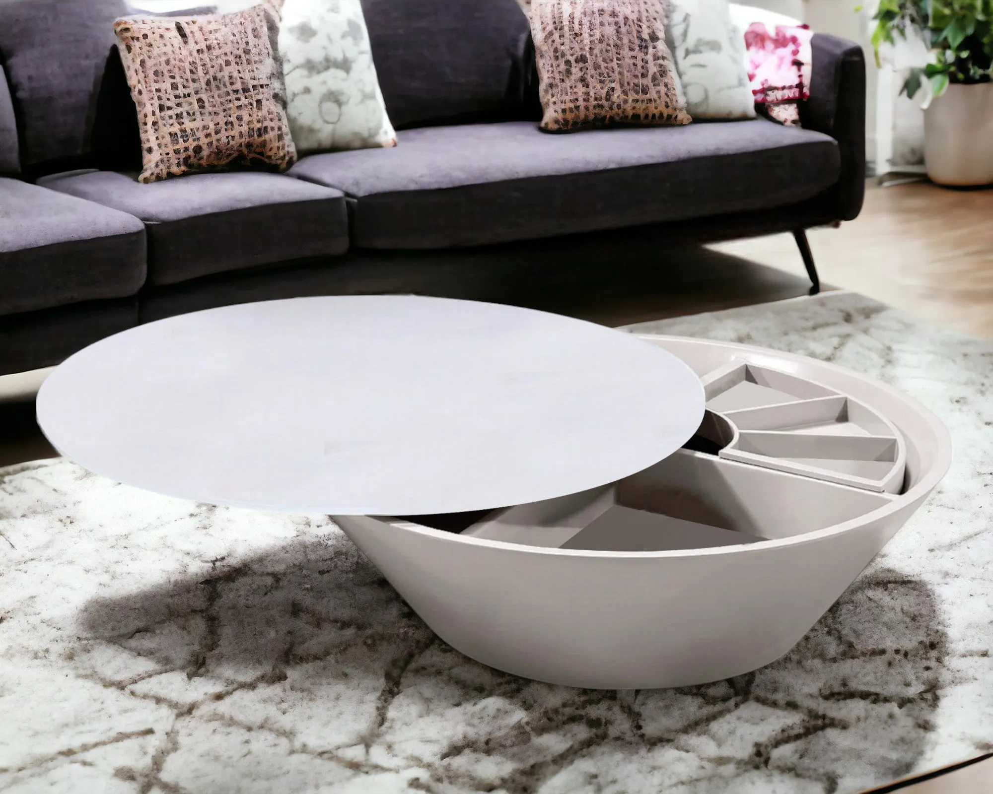 12" Grey Glass Coffee Table With A Swivel Compartment