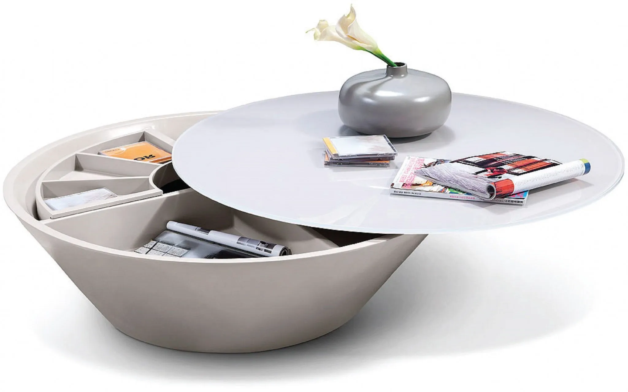12" Grey Glass Coffee Table With A Swivel Compartment