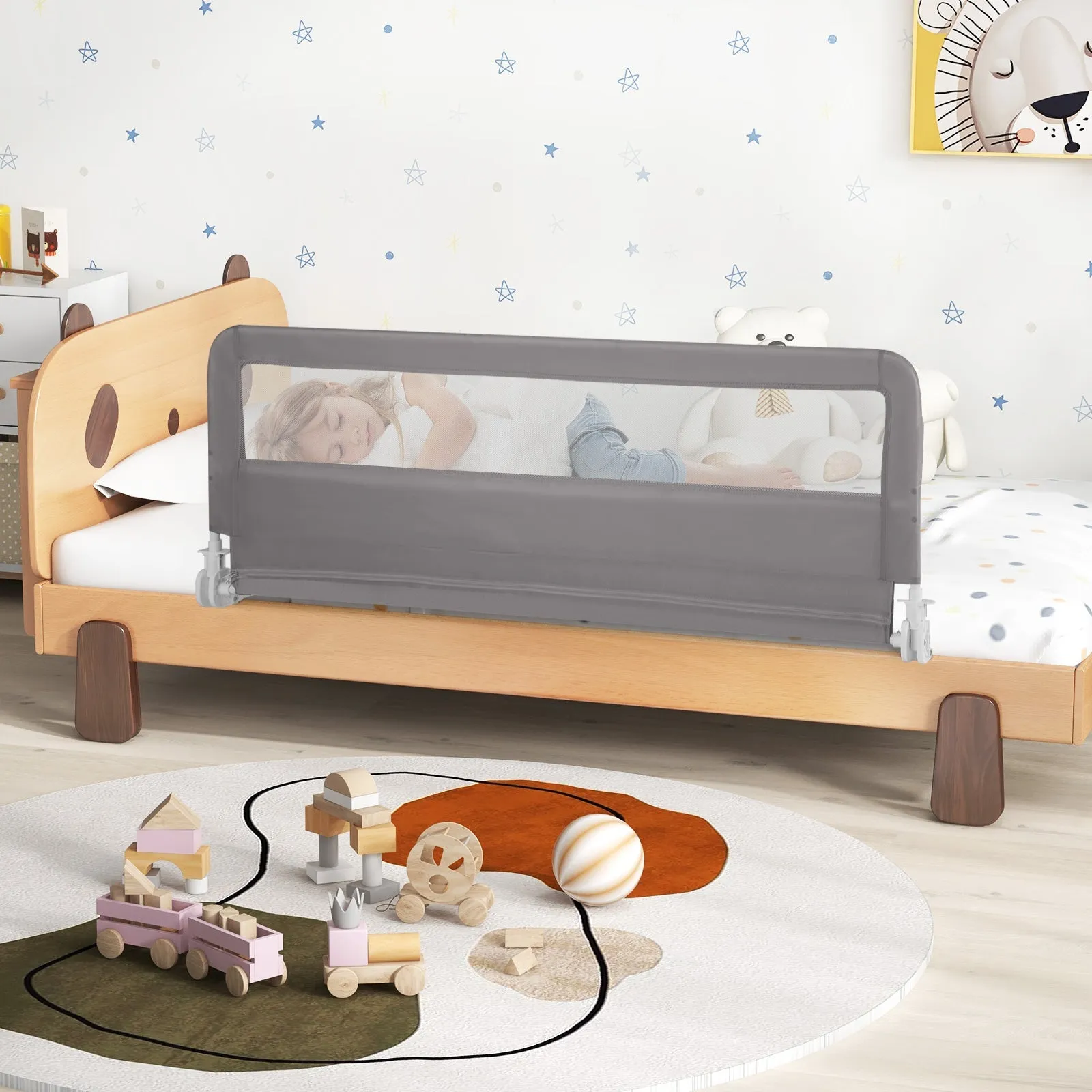 150CM Foldable Baby Bed Rail Guard with Washable Cover and Safety Strap-Grey