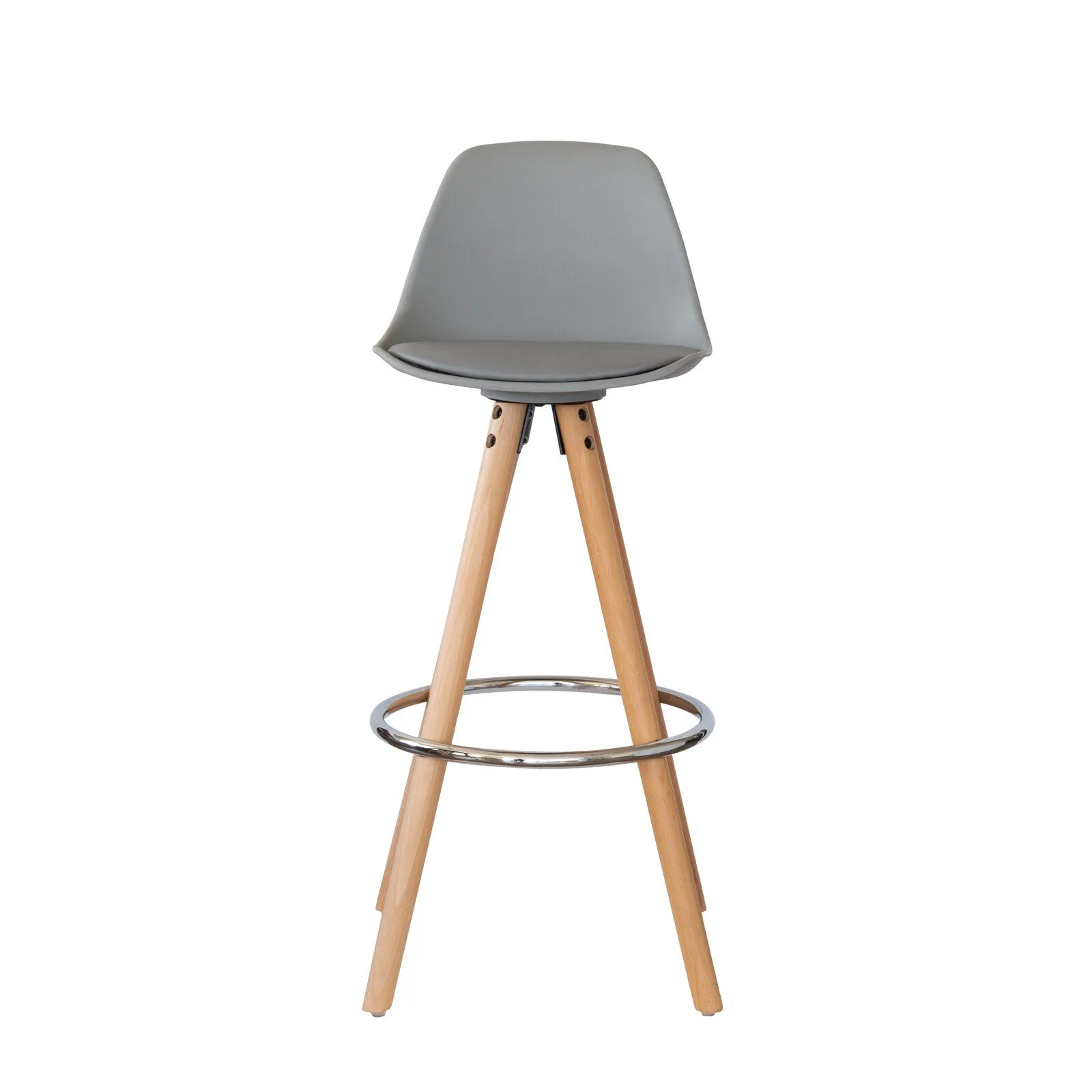 2 PU Leather Padded Barstools | Light Grey/Wood | Metal Footrest