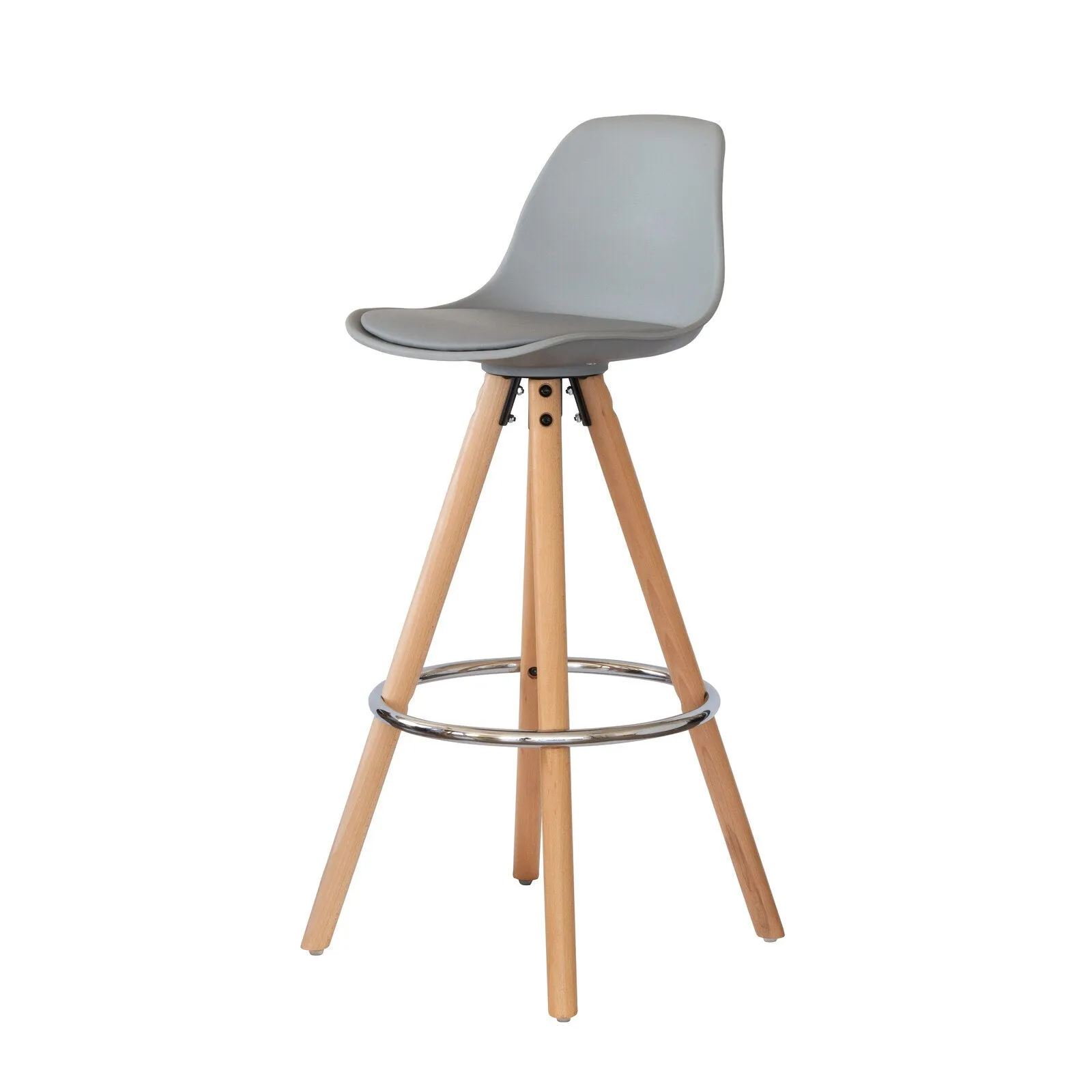 2 PU Leather Padded Barstools | Light Grey/Wood | Metal Footrest