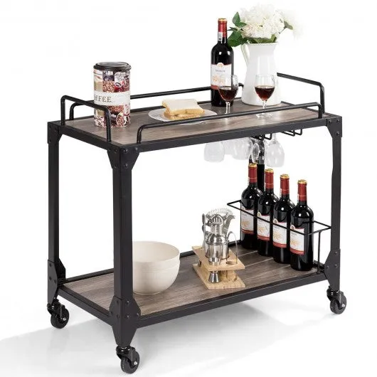 2 Tier Wood Kitchen Island Rolling Bar Serving Cart
