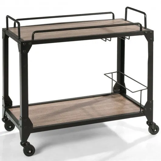 2 Tier Wood Kitchen Island Rolling Bar Serving Cart