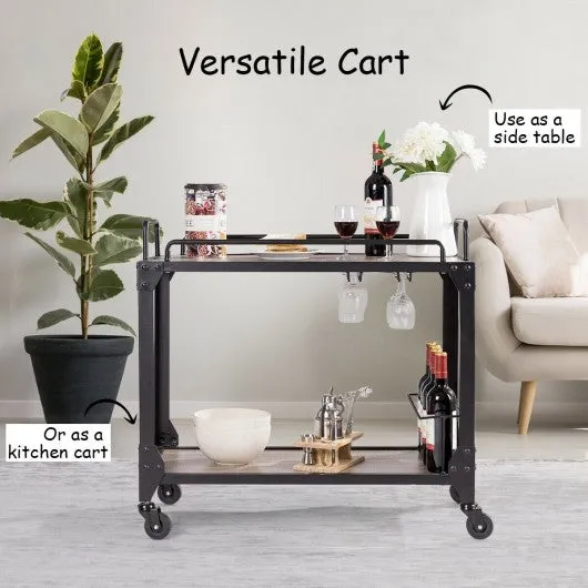 2 Tier Wood Kitchen Island Rolling Bar Serving Cart