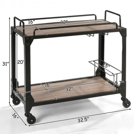 2 Tier Wood Kitchen Island Rolling Bar Serving Cart