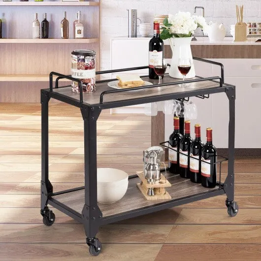 2 Tier Wood Kitchen Island Rolling Bar Serving Cart