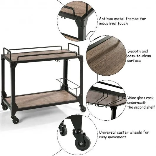 2 Tier Wood Kitchen Island Rolling Bar Serving Cart