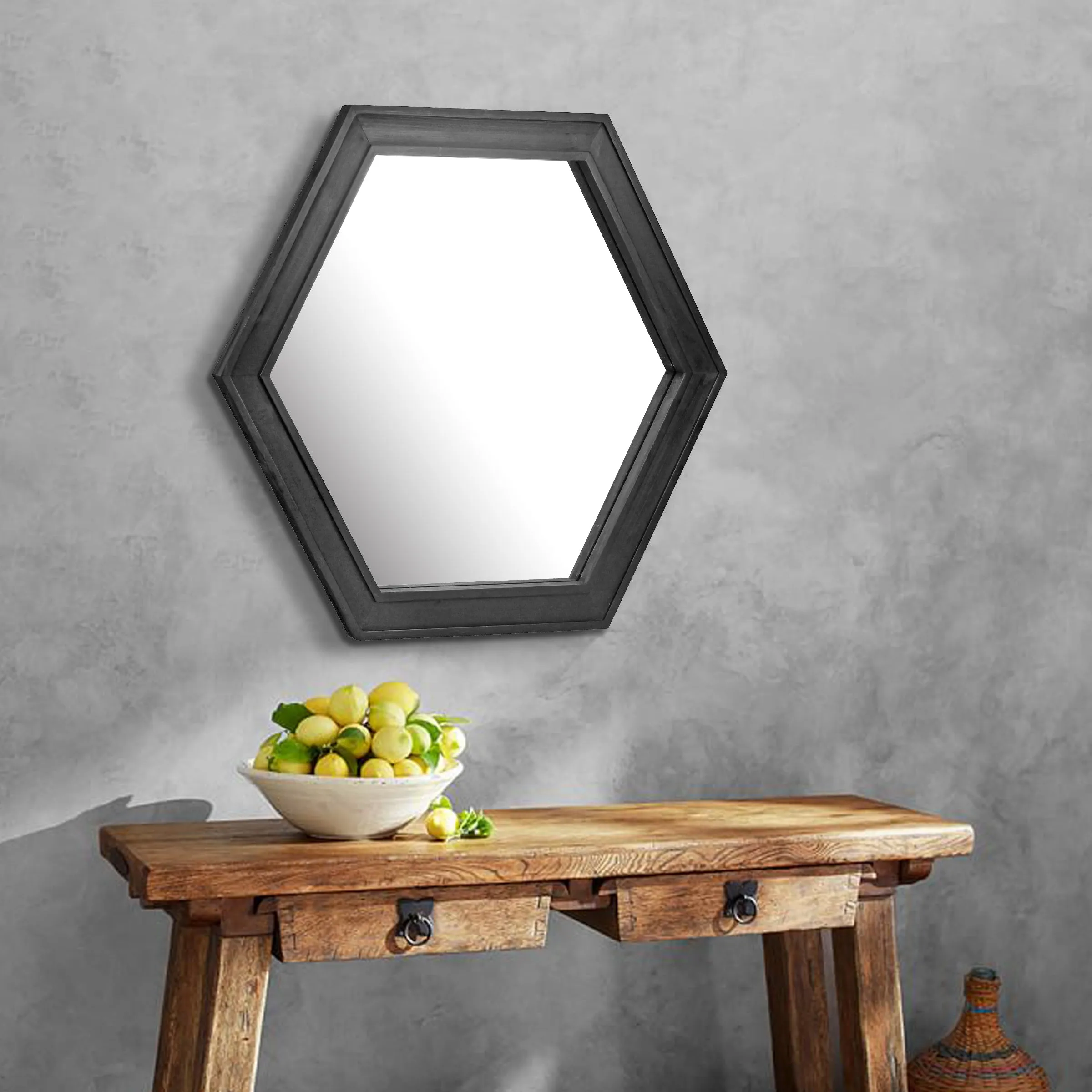24" Hexagon Hanging Wall Mirror with Black Painted Wood Frame