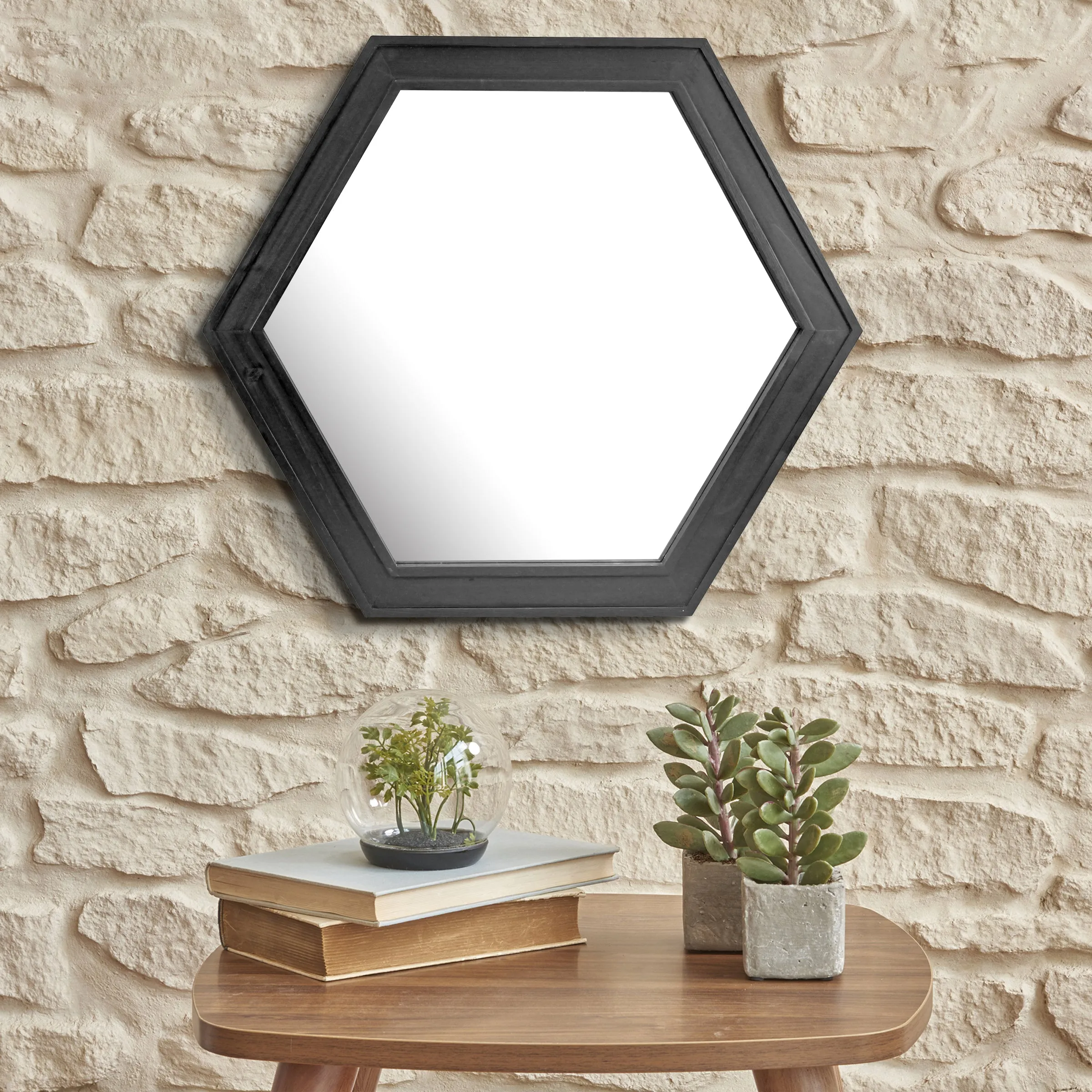 24" Hexagon Hanging Wall Mirror with Black Painted Wood Frame