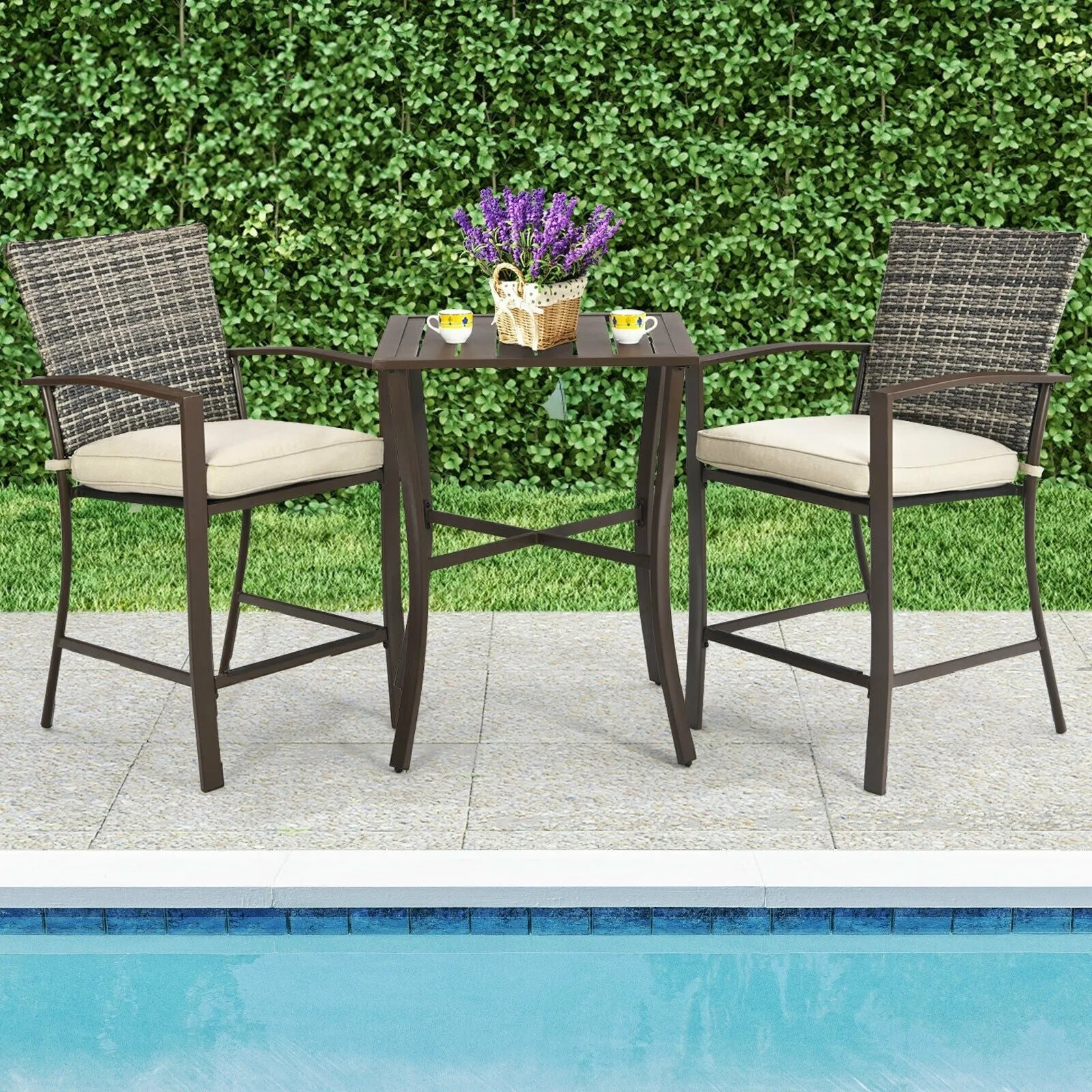 3pc Rattan Bar Furniture Set - Brown