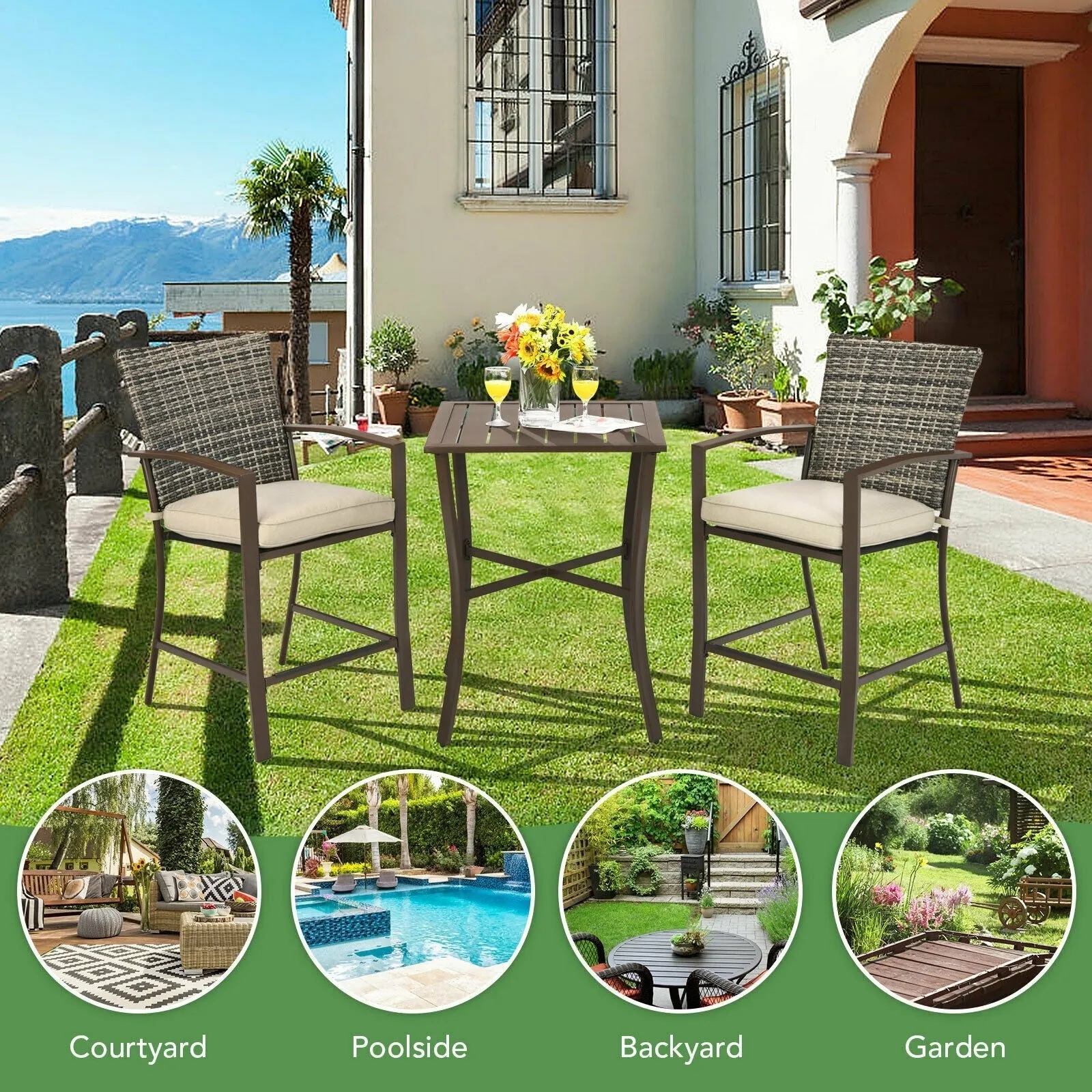 3pc Rattan Bar Furniture Set - Brown