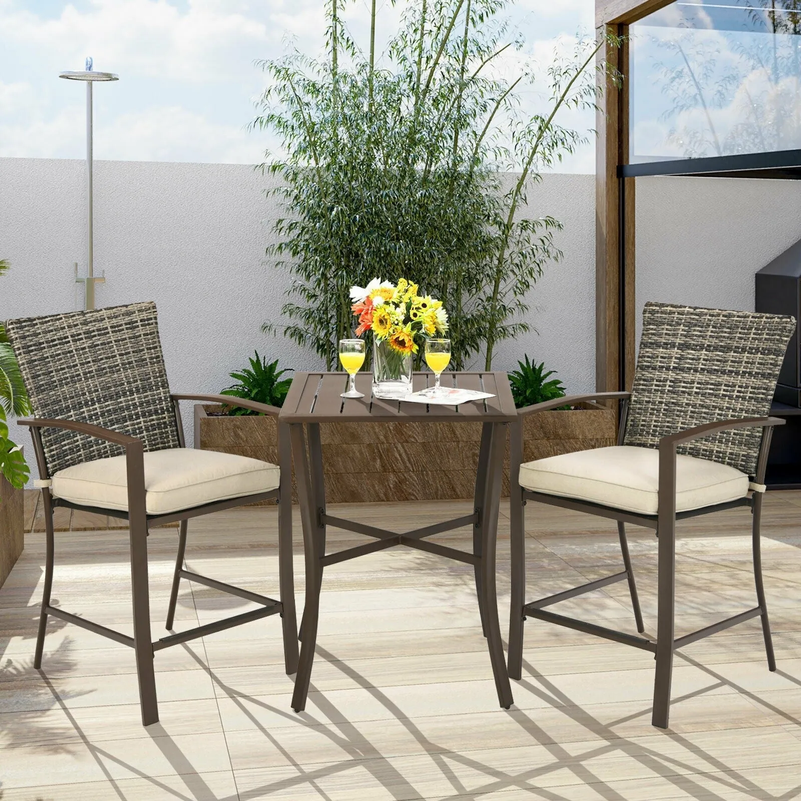3pc Rattan Bar Furniture Set - Brown