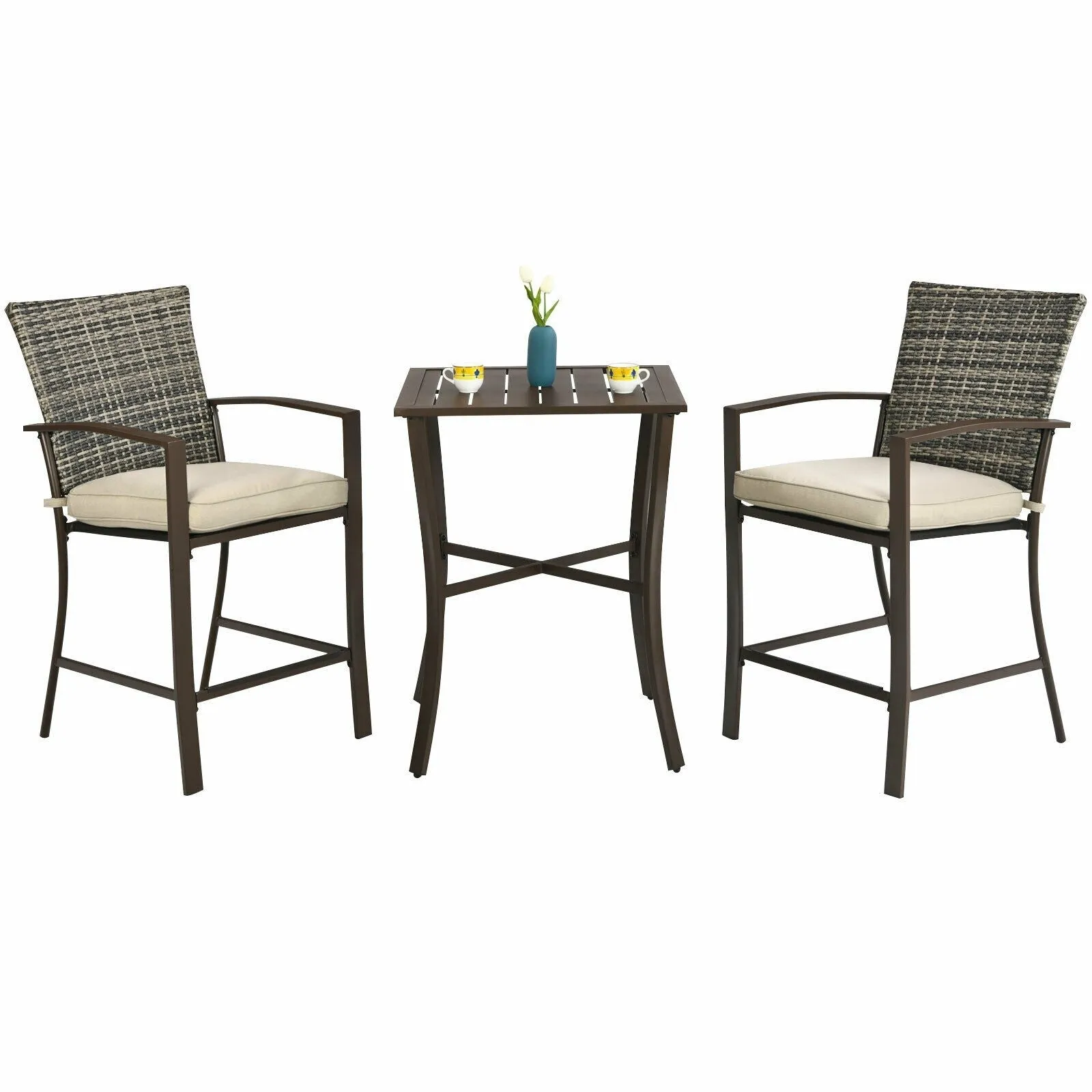 3pc Rattan Bar Furniture Set - Brown