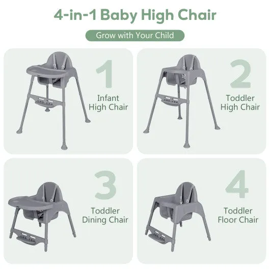4 in 1 Convertible Kids Dining High Chair With Adjustable Removable Tray and Footrest-Gray
