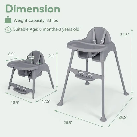 4 in 1 Convertible Kids Dining High Chair With Adjustable Removable Tray and Footrest-Gray