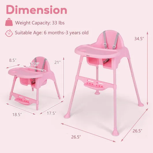 4 in 1 Convertible Kids Dining High Chair With Adjustable Removable Tray and Footrest-Pink