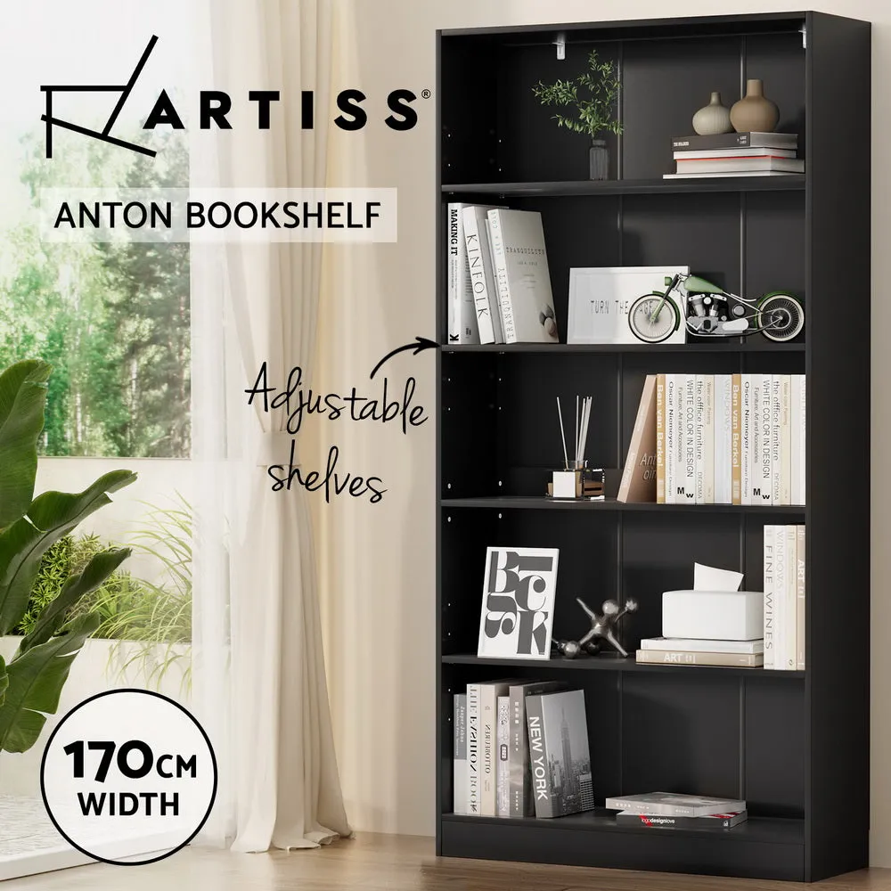 5-Tier Adjustable Bookshelf, Anti-Tip Kit, Black - Artiss