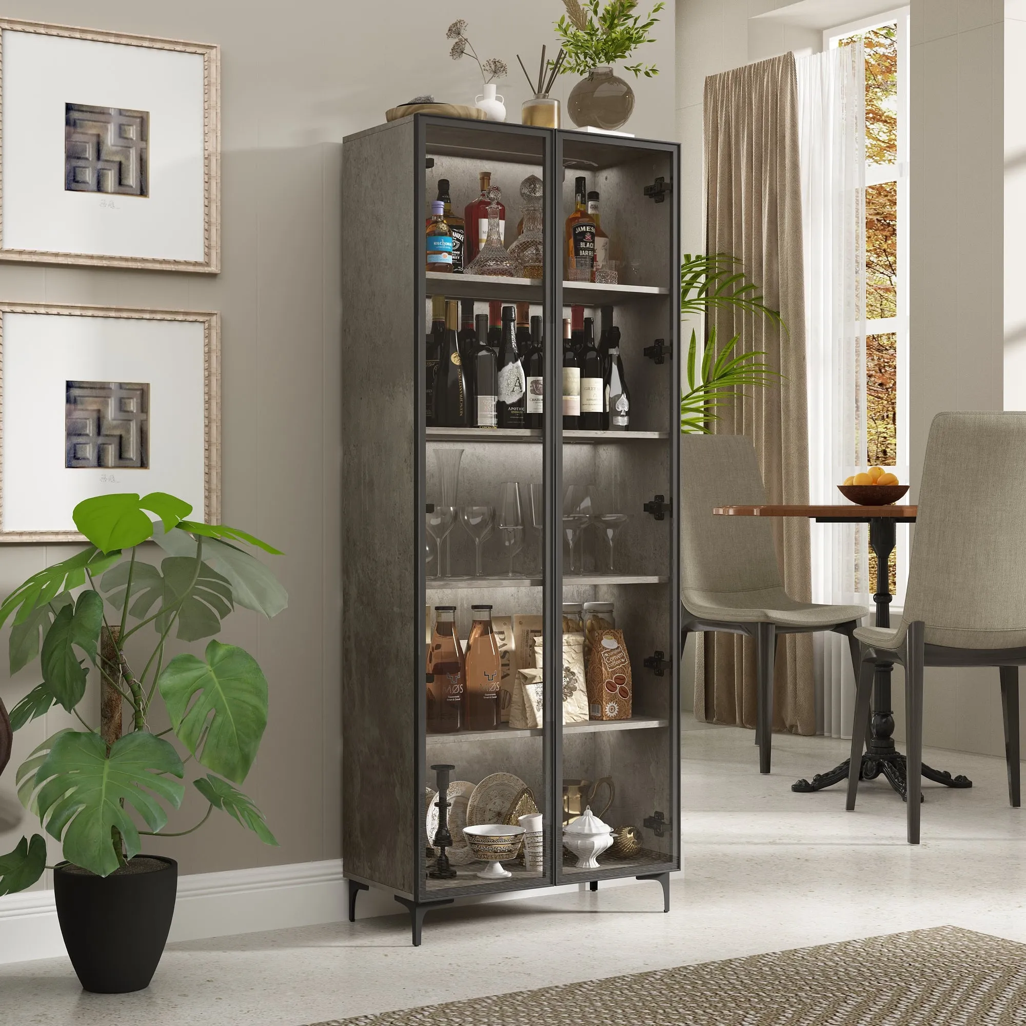 5 Tier Glass Display Cabinet with Light, Storage Curio Cabinet with Pop-up Glass Doors
