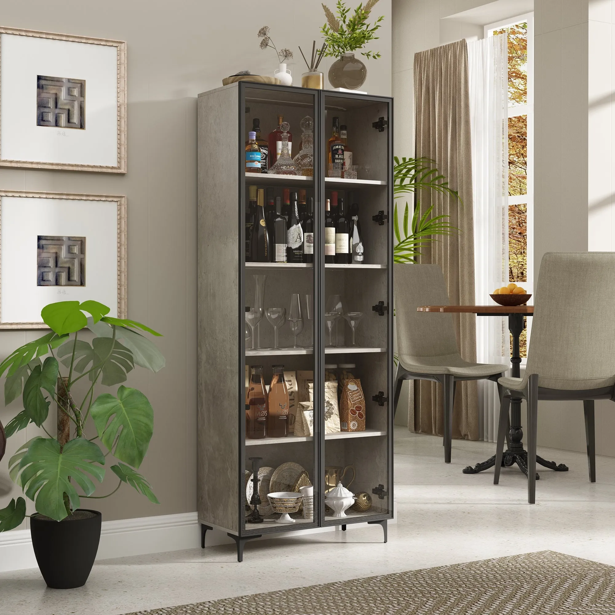 5 Tier Glass Display Cabinet with Light, Storage Curio Cabinet with Pop-up Glass Doors