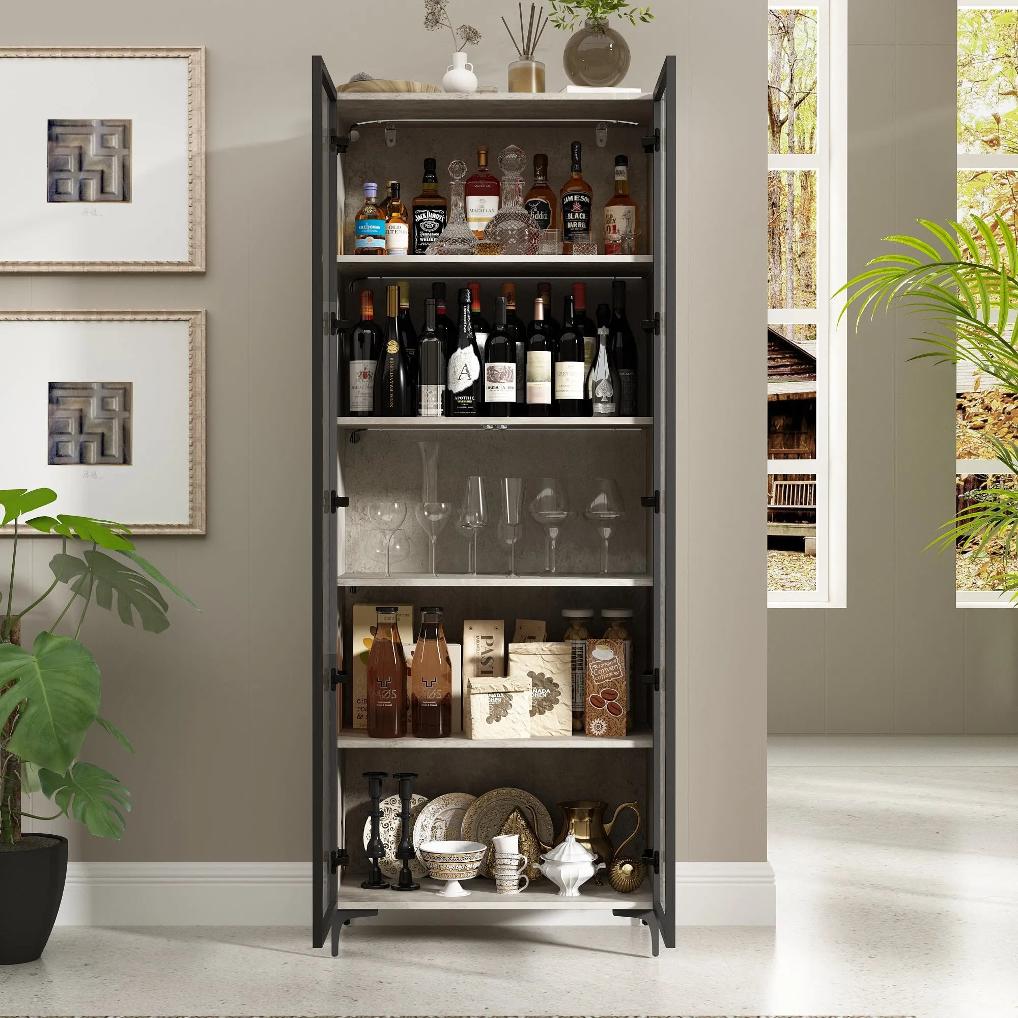 5 Tier Glass Display Cabinet with Light, Storage Curio Cabinet with Pop-up Glass Doors