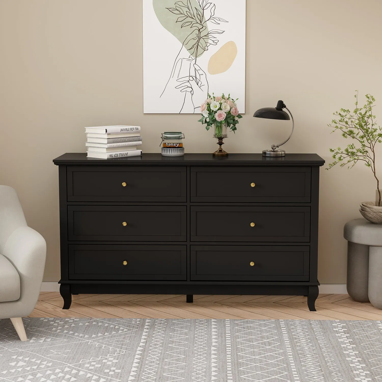 6-Drawer Dresser for Bedroom Display Wood Storage Chest of 6 Drawers Cabinet