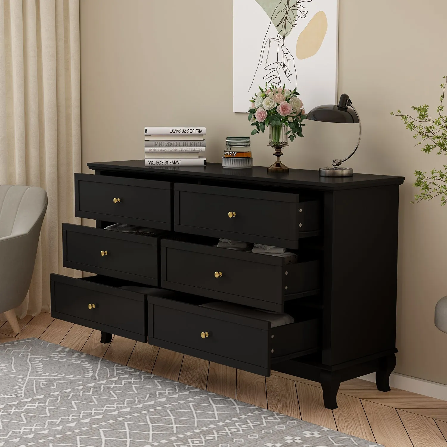 6-Drawer Dresser for Bedroom Display Wood Storage Chest of 6 Drawers Cabinet