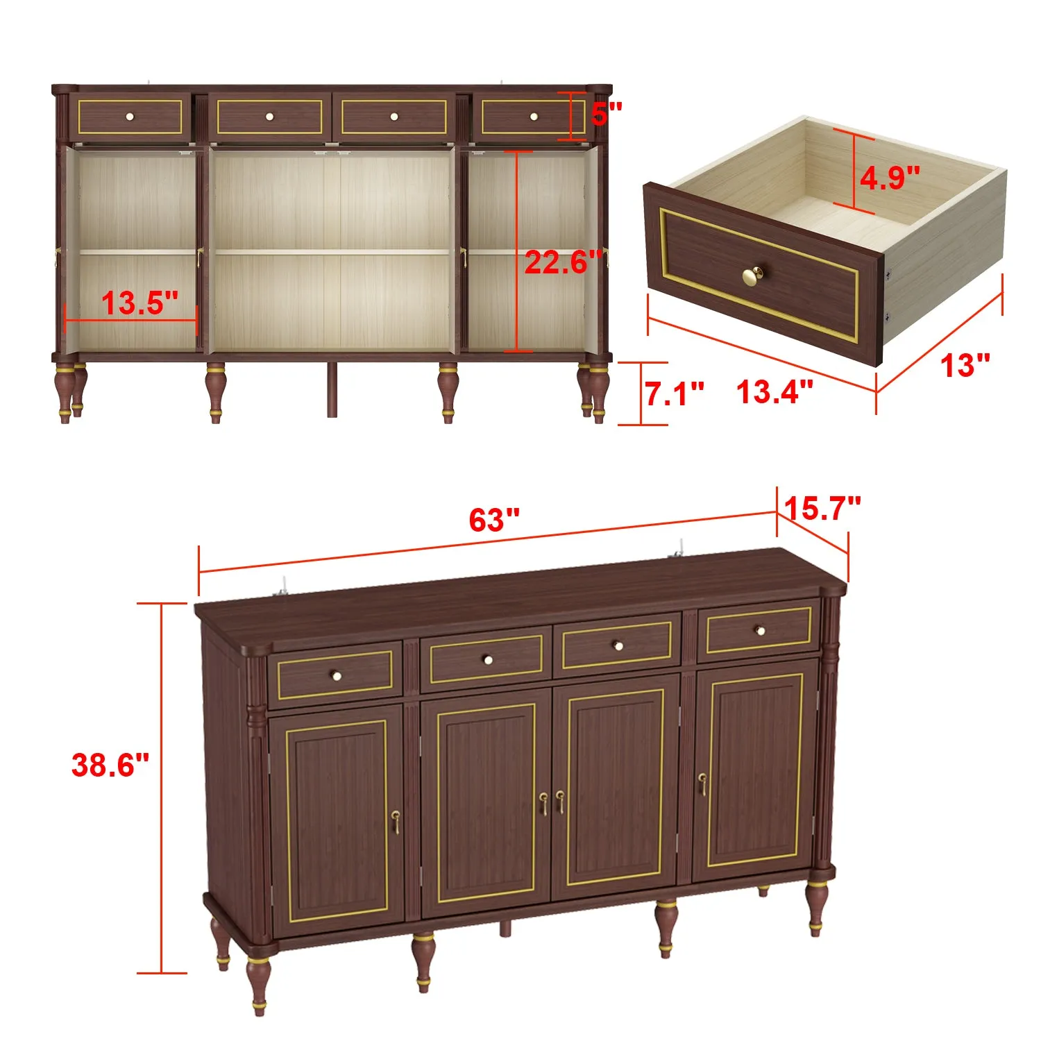 63"W Buffet with Storage Cabinet Drawer Sideboard Dark Brown End Table