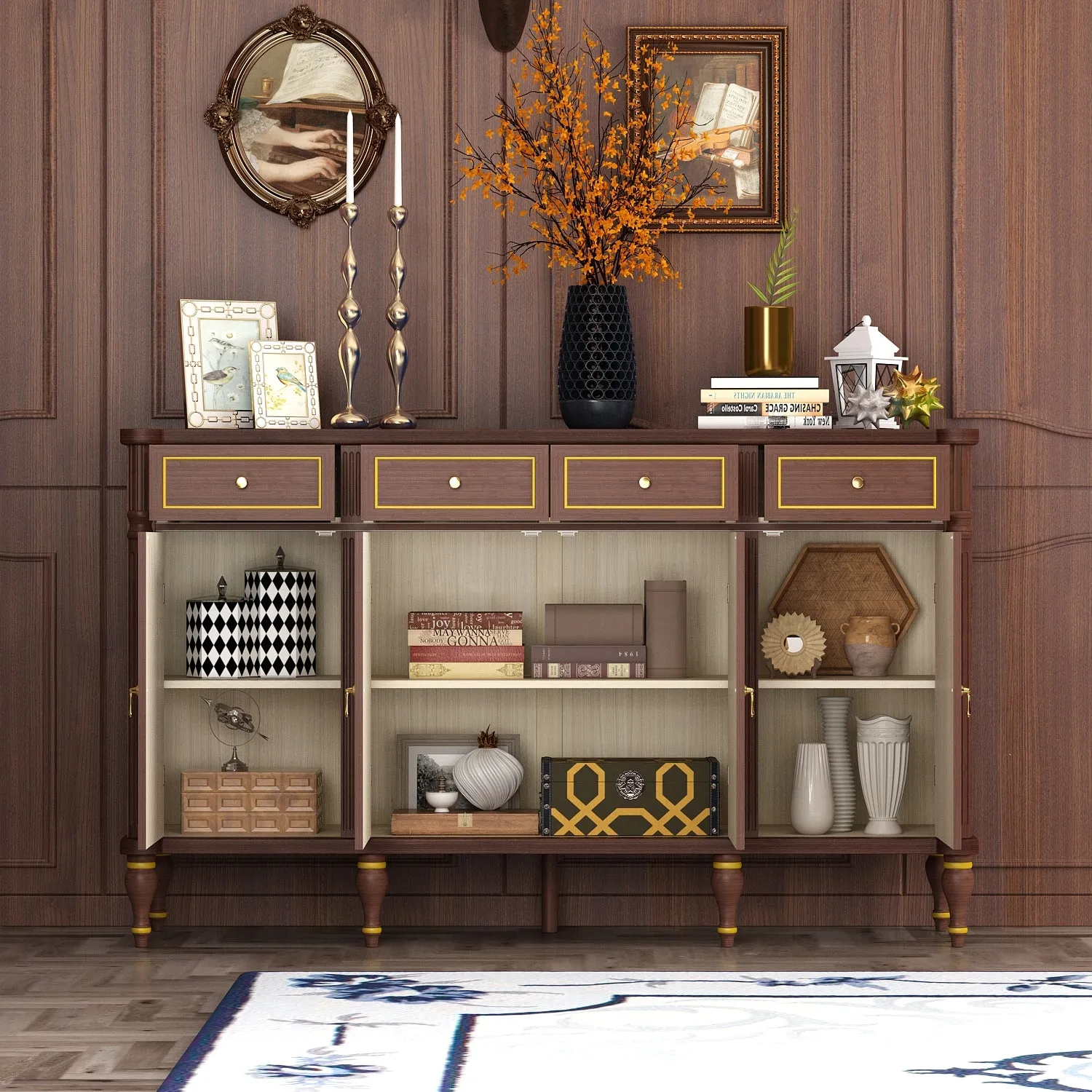 63"W Buffet with Storage Cabinet Drawer Sideboard Dark Brown End Table