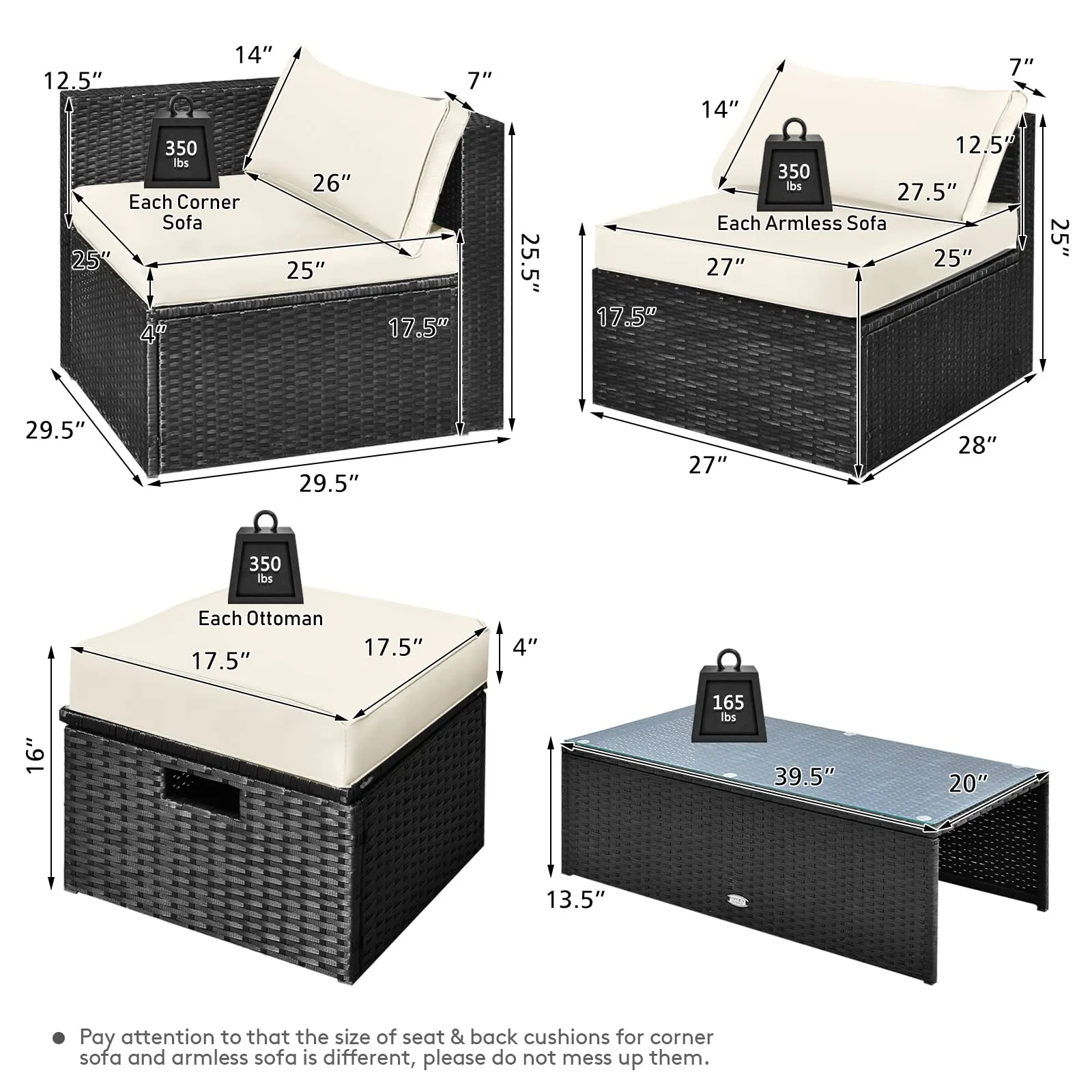 8-Piece Patio Furniture Set with Cover, 2 Ottomans, 2 Armless Sofas & Corner Sofas