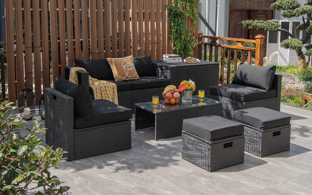 8-Piece Patio Furniture Set with Cover, 2 Ottomans, 2 Armless Sofas & Corner Sofas
