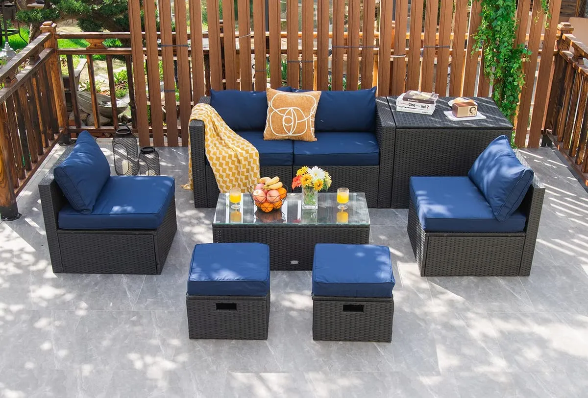 8-Piece Patio Furniture Set with Cover, 2 Ottomans, 2 Armless Sofas & Corner Sofas