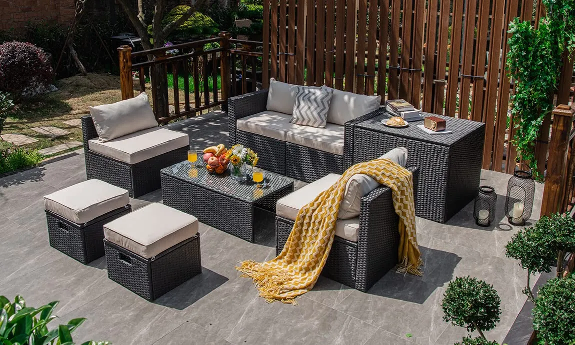 8-Piece Patio Furniture Set with Cover, 2 Ottomans, 2 Armless Sofas & Corner Sofas
