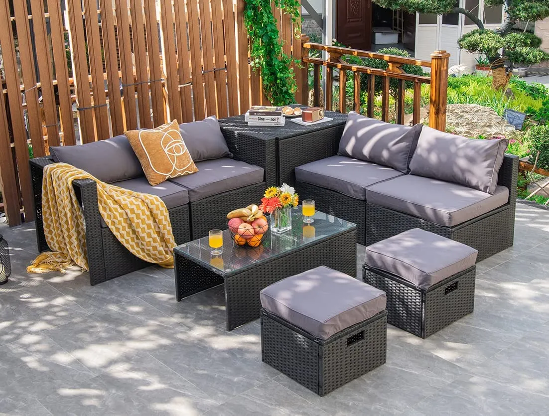 8-Piece Patio Furniture Set with Cover, 2 Ottomans, 2 Armless Sofas & Corner Sofas