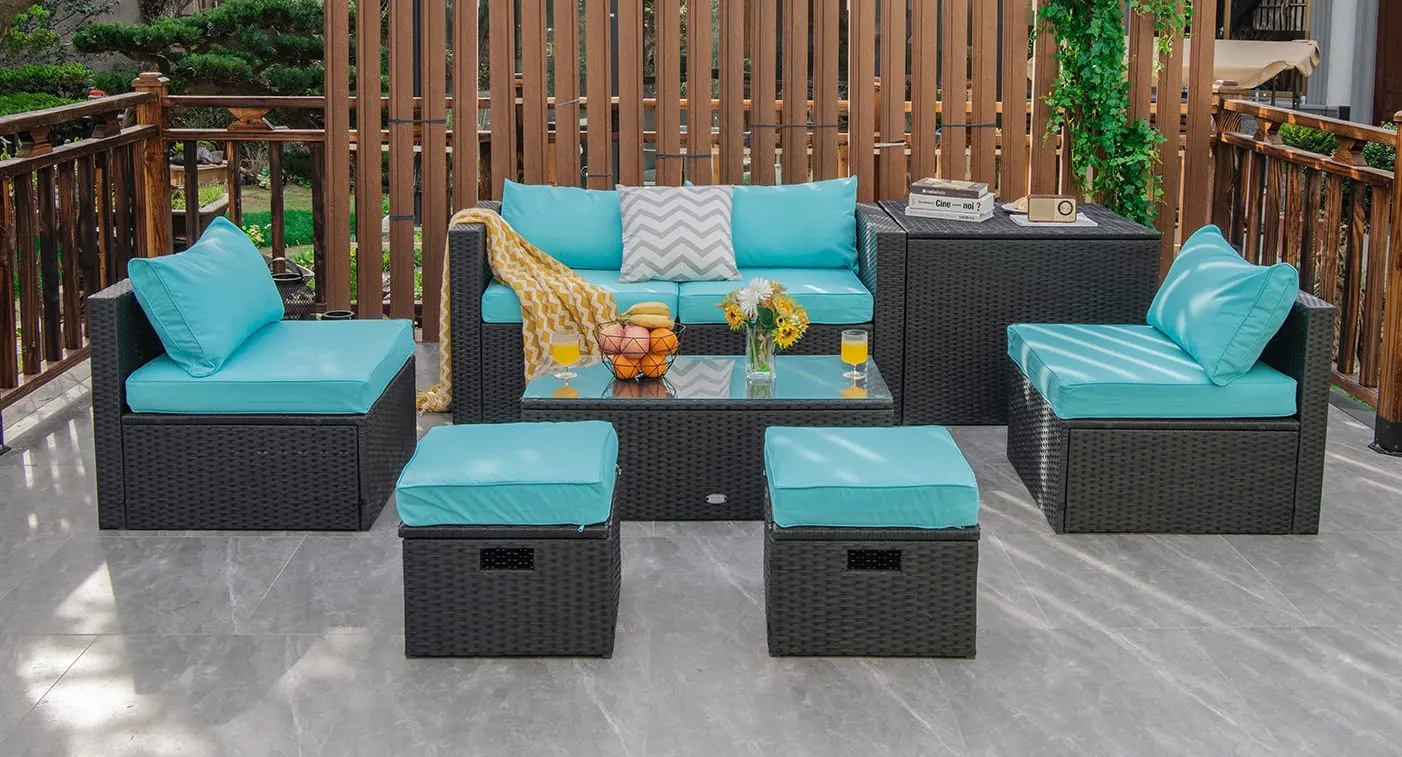 8-Piece Patio Furniture Set with Cover, 2 Ottomans, 2 Armless Sofas & Corner Sofas