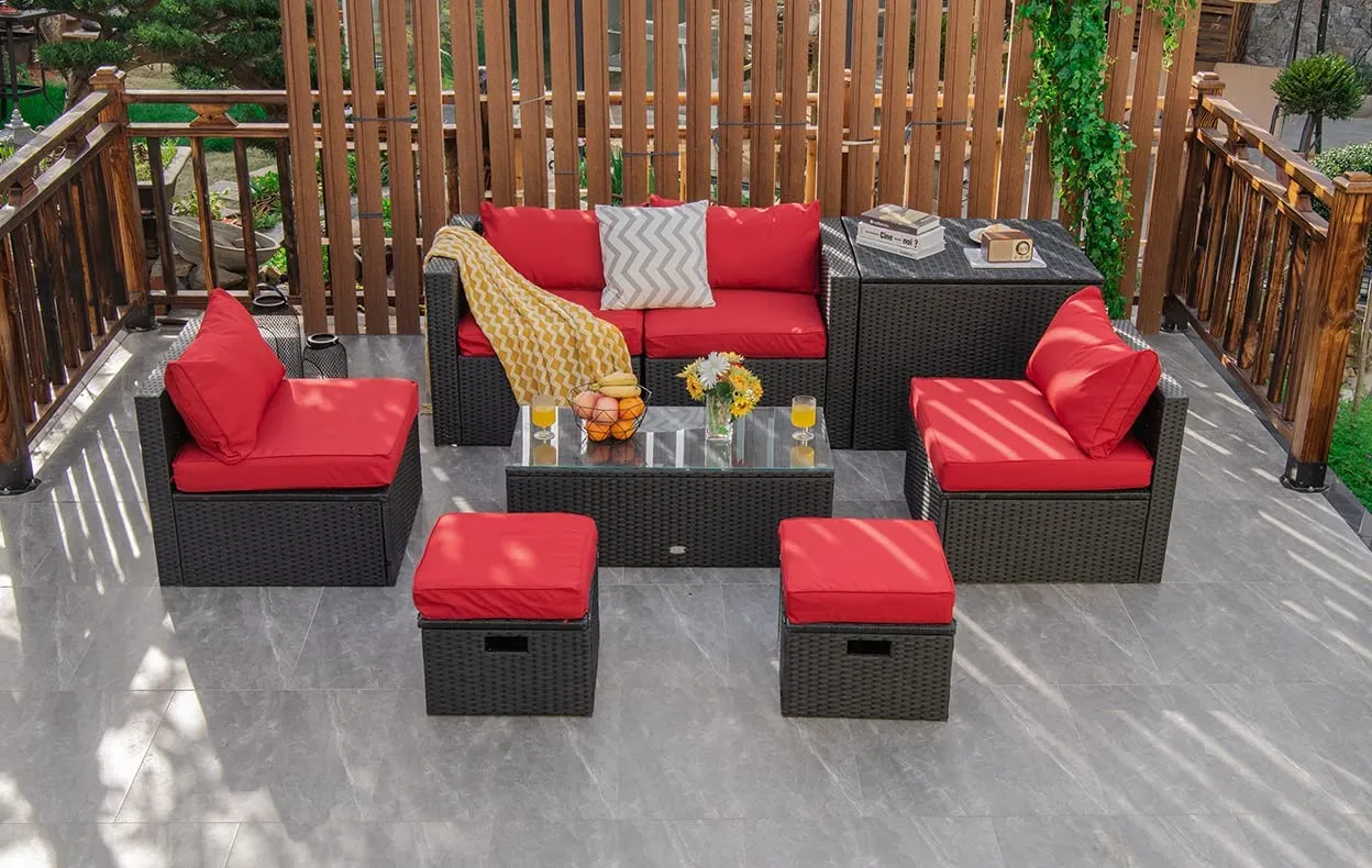 8-Piece Patio Furniture Set with Cover, 2 Ottomans, 2 Armless Sofas & Corner Sofas