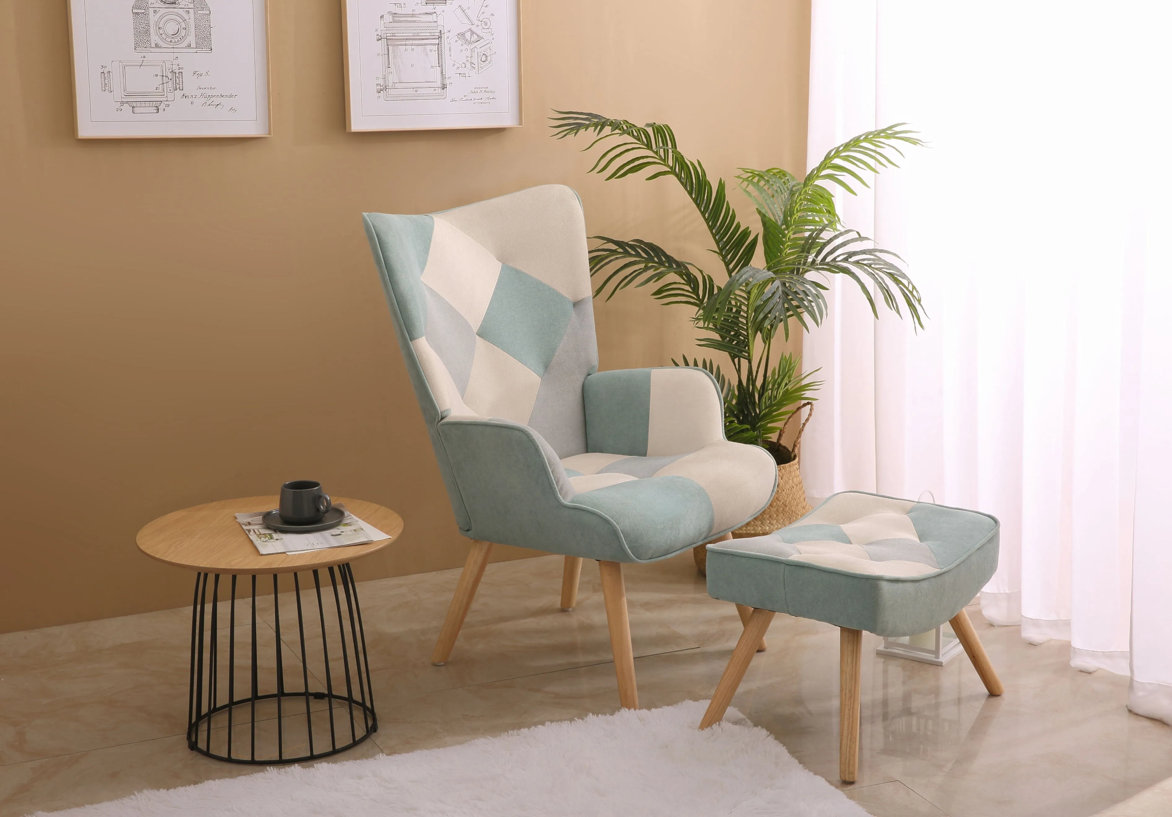 Accent Chair With Ottoman, Living Room Chair And Ottoman Set, Comfy Side Armchair For Bedroom, Creative Splicing Cloth Surface by Couch.com