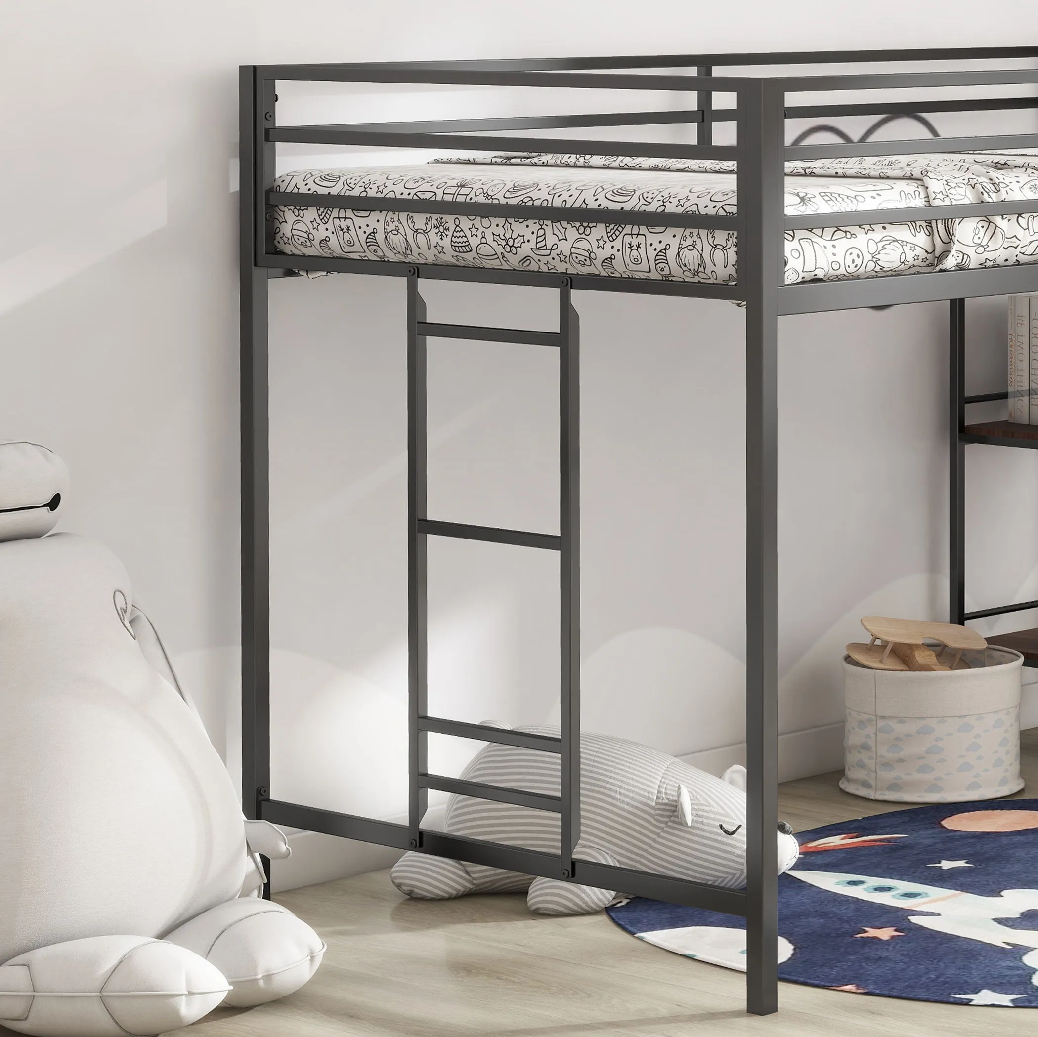 Adam - Junior Twin Loft Bunk Bed With Cinnamon Wood Shelf - Black by Couch.com