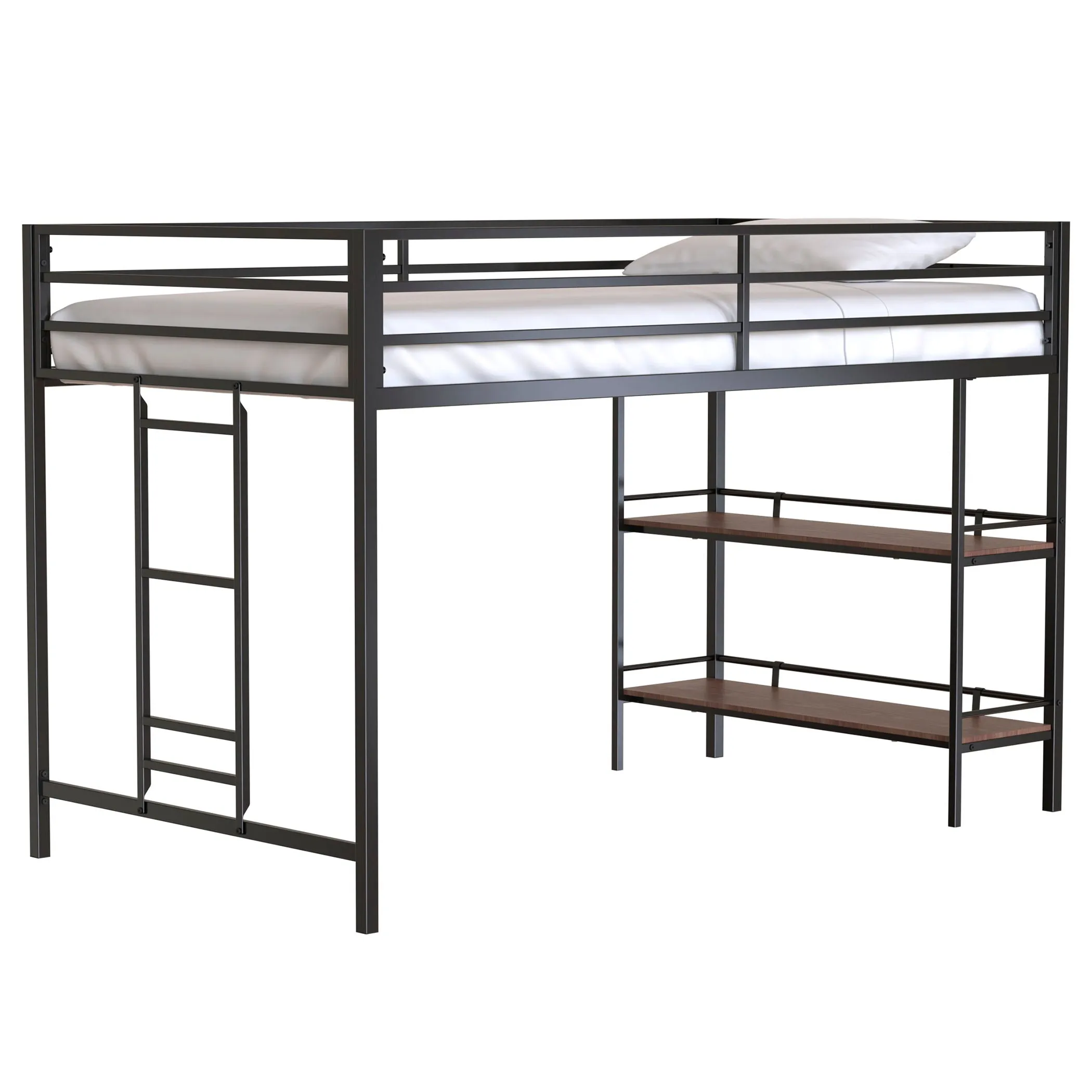 Adam - Junior Twin Loft Bunk Bed With Cinnamon Wood Shelf - Black by Couch.com