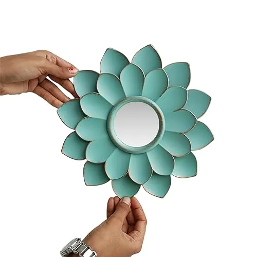 Art Street Lotus Flower Shape Decorative Plastic Wall Mirror, Plate for Wall Décor, Wall Hanging Carved Decal for Home Décor, Living Room & Bedroom (Sky Blue, 9.5 x 9.5 Inches)