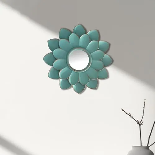 Art Street Lotus Flower Shape Decorative Plastic Wall Mirror, Plate for Wall Décor, Wall Hanging Carved Decal for Home Décor, Living Room & Bedroom (Sky Blue, 9.5 x 9.5 Inches)