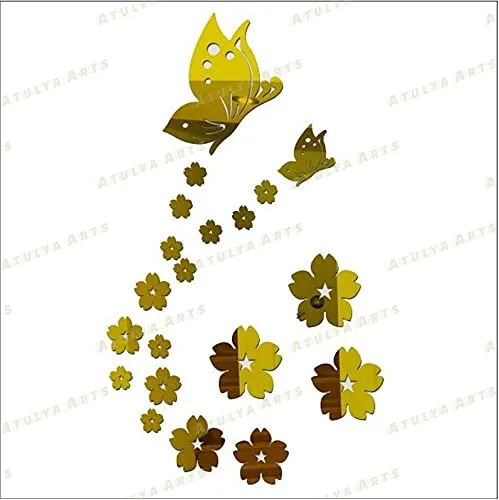 Atulya Arts Butterfly and Flower Mirror Wall Stickers Golden 3D Decorative Acrylic Sticker for Bedroom Living Room Home Decor and Office -(Golden)