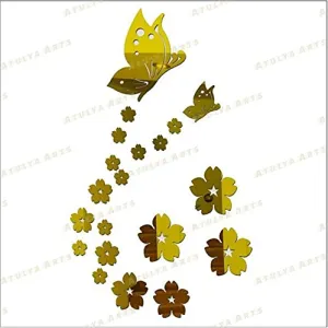 Atulya Arts Butterfly and Flower Mirror Wall Stickers Golden 3D Decorative Acrylic Sticker for Bedroom Living Room Home Decor and Office -(Golden)