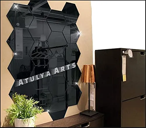 Atulya Arts Mirror Hexagon Decorative Wall Sticker (Pack of 20) with 10 Butterfly Sticker 3D Acrylic Stickers Mirror Wall Stickers for Living Room Bedroom Home & Office (Black, 10.5 cm x 12.1 cm)