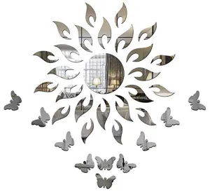 Atulya Arts Sun Mirror Wall Sticker 3D Decorative Acrylic Mirror Stickers for Wall Bedroom Living Room Decoration with 10 Butterflies (45cm X 45cm) (Silver)