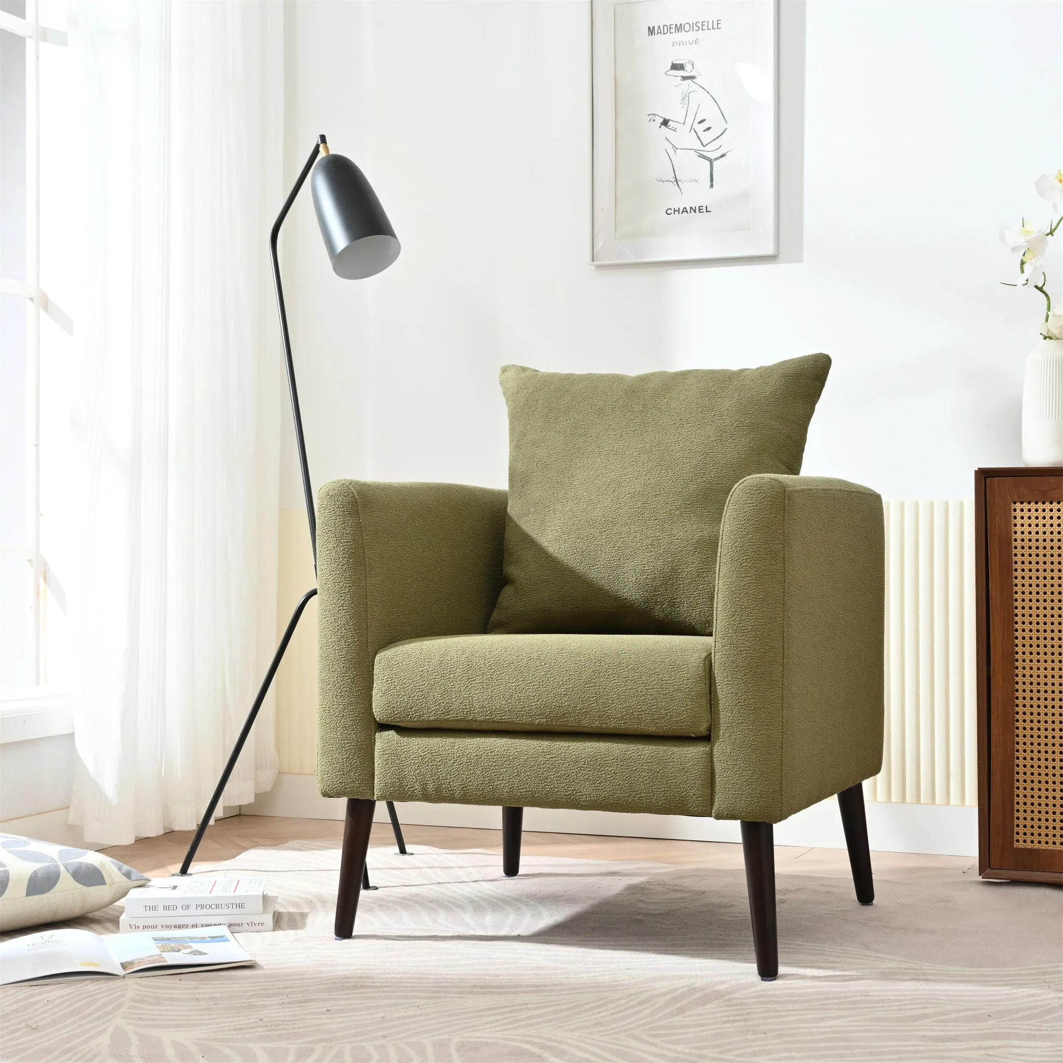 Barrel Chair, Modern Accent Chair, Fabric Armchair Club Chair, Upholstered Arm Chair With Solid Wood Legs, Waist Pillow, Padded Single Chair For Living Room / Bedroom / Study / Waiting Room - Olive Green by Couch.com