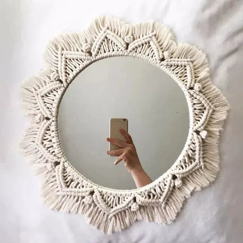 Boho Macrame Round Mirror for Room Decor