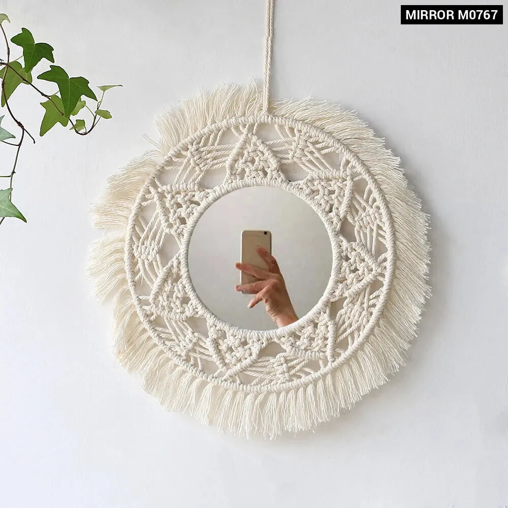 Boho Macrame Round Mirror for Room Decor