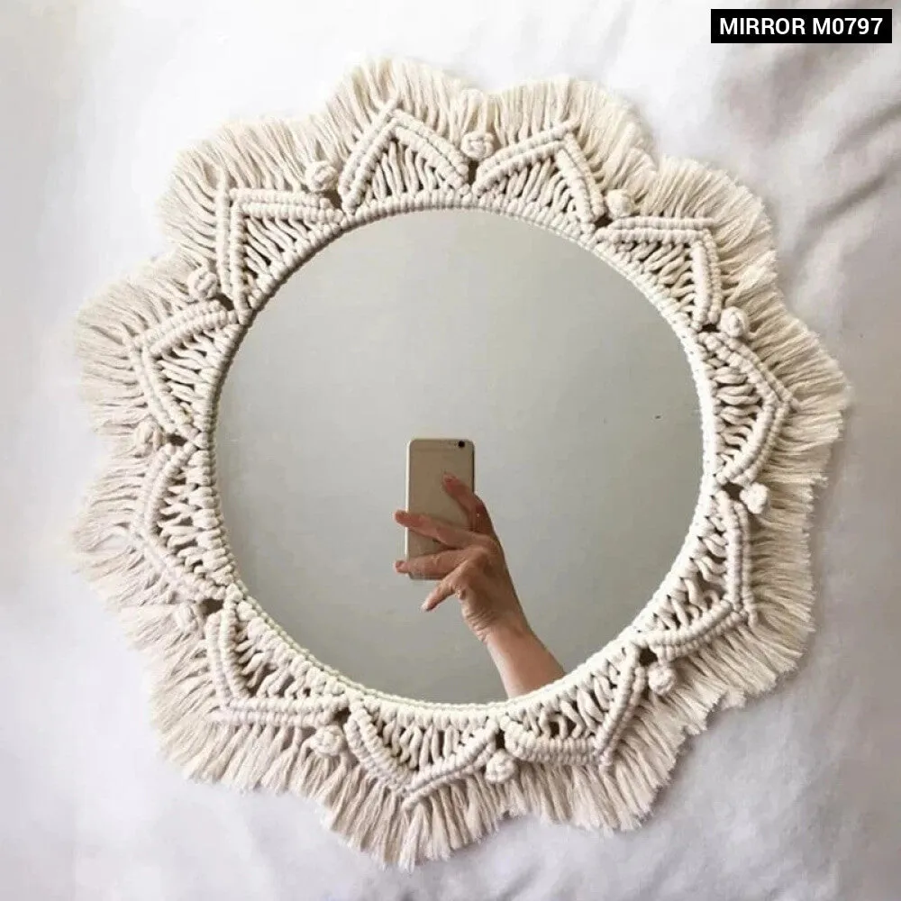 Boho Macrame Round Mirror for Room Decor